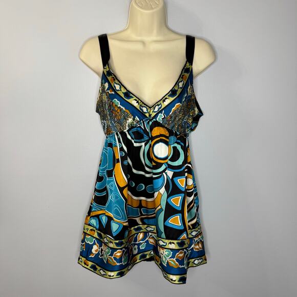 Hale Bob Vintage Silk Printed V Neck Baby Doll Mini Dress Tunic Y2K Sz M - Picture 1 of 13